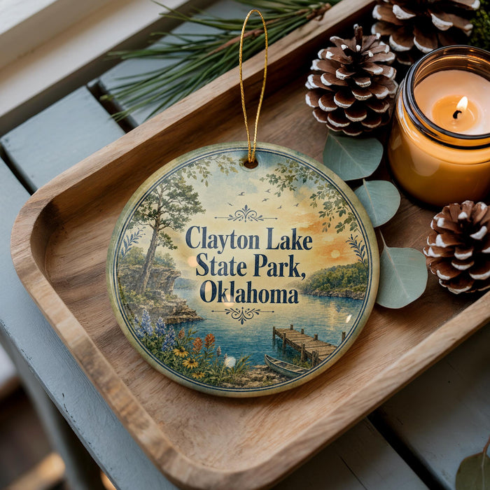A decorative ornament with a scenic lake and park scene, featuring a wooden tray with pine cones and a lit candle.