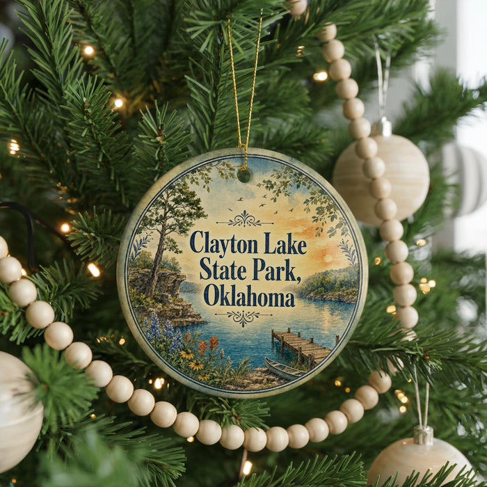 A round ornament hanging on a Christmas tree, featuring a scenic image of Clayton Lake State Park in Oklahoma.