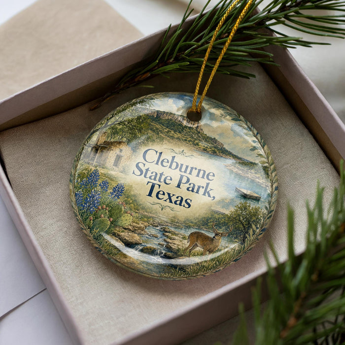 A decorative ornament in a box, featuring a scenic landscape with a deer, surrounded by greenery and text that reads "Cleburne State Park, Texas".