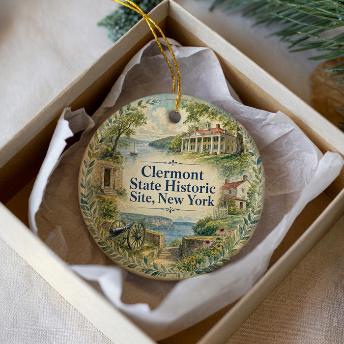 A decorative ornament in a box, featuring a scenic illustration of Clermont State Historic Site in New York.