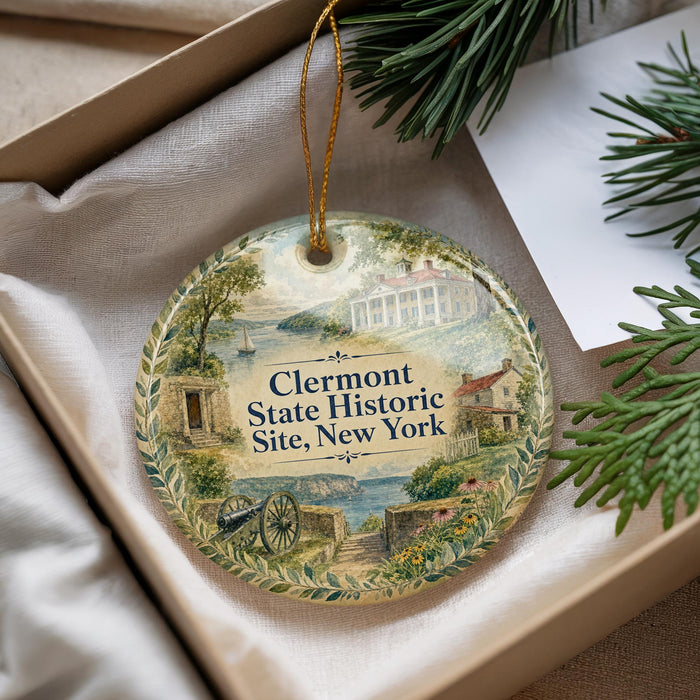 A decorative ornament with a painting of Clermont State Historic Site, New York, hanging from a string.