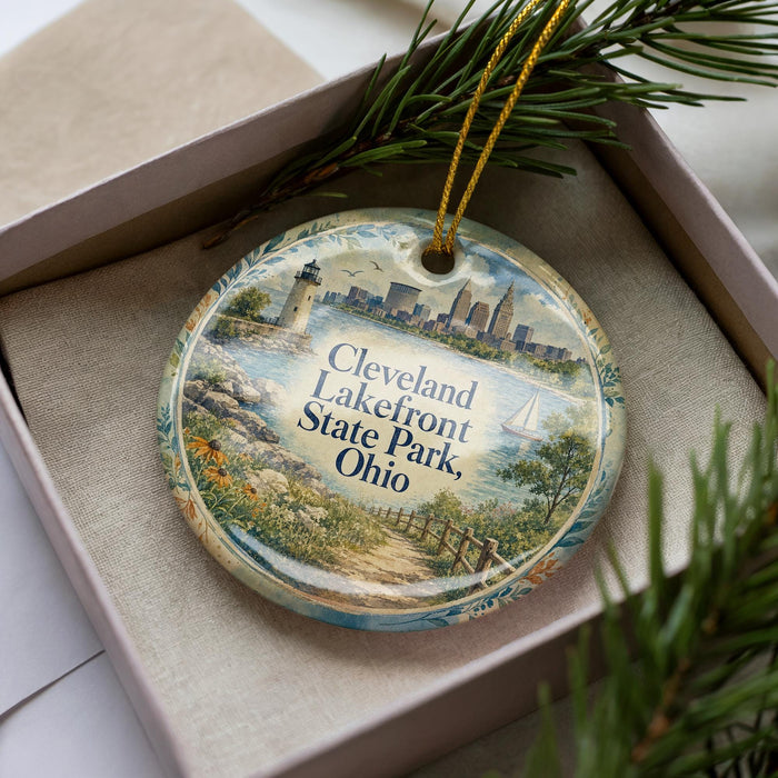 A decorative ornament featuring a scenic view of Cleveland Lakefront State Park, Ohio, with a lighthouse and a city skyline in the background.