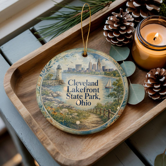 A decorative ornament featuring a scenic view of Cleveland Lakefront State Park, Ohio, with a lighthouse and a boat in the background.