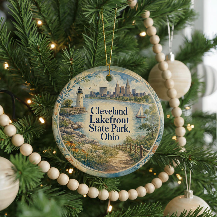 A round ornament hanging on a Christmas tree, featuring a scenic view of Cleveland, Ohio, with a lighthouse and a boat in the water.