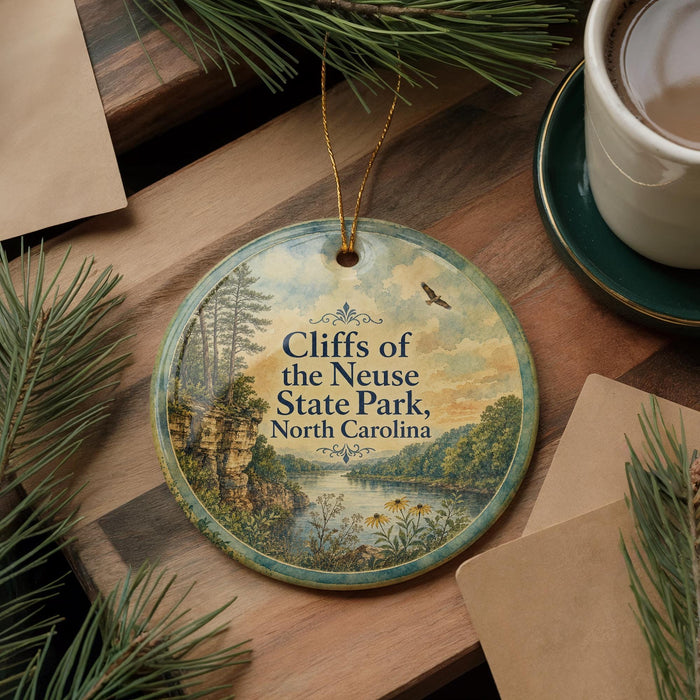 A round ornament with a scenic landscape of cliffs and water, featuring the text "Cliffs of the Neuse State Park, North Carolina".