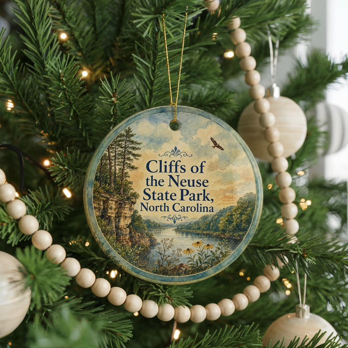A round ornament hanging on a Christmas tree, featuring a scenic landscape with cliffs and a river.