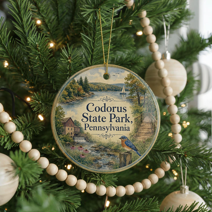 A round ornament hanging on a Christmas tree, featuring a scenic image of Codorus State Park, Pennsylvania.