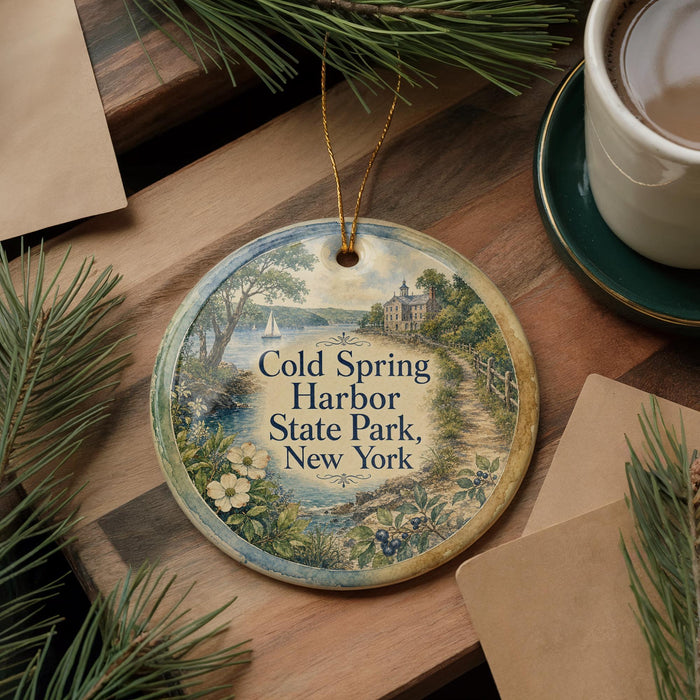 A decorative ornament with a scenic image of Cold Spring Harbor State Park, New York, hangs on a wooden surface alongside a cup of coffee and some pine branches.