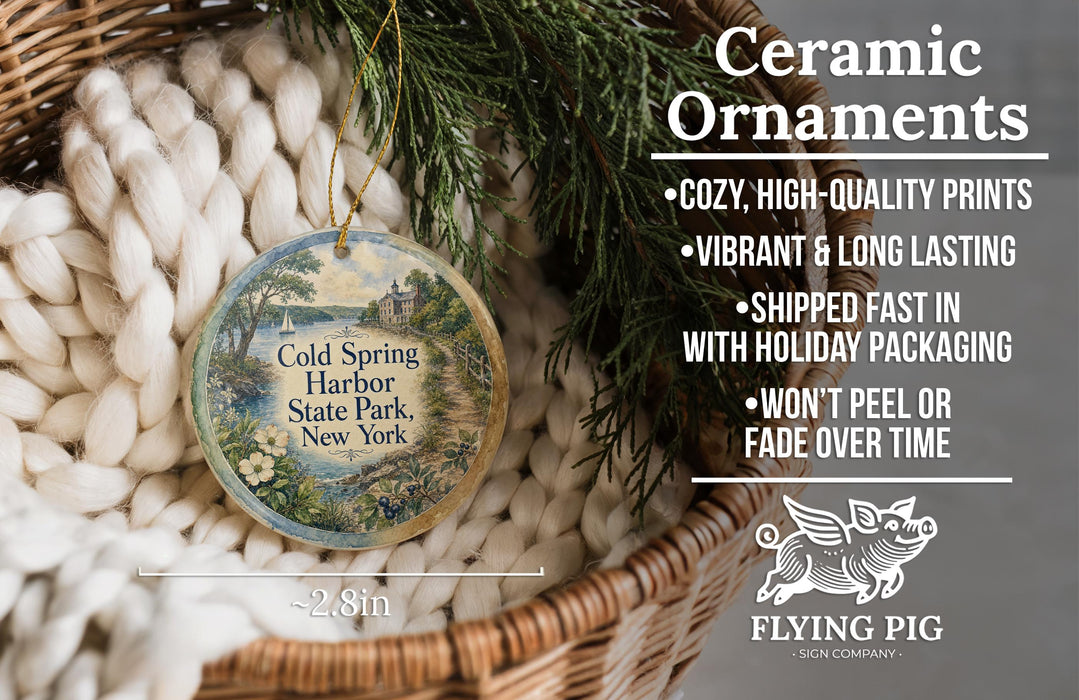 Ceramic ornaments, featuring a detailed illustration of Cold Spring Harbor State Park in New York, are displayed in a wicker basket. The text highlights the ornaments as "Ceramic Ornaments" with a description of their features, including "Cozy, High-quality Prints", "Vibrant & Long Lasting", "Shipped Fast in with Holiday Packaging", and " Won't Peel or Fade Over Time".