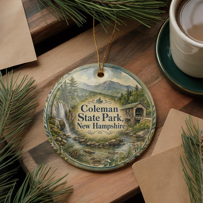 A decorative ornament featuring a scenic image of the Colman State Park in New Hampshire, with a waterfall and a bridge in the background.