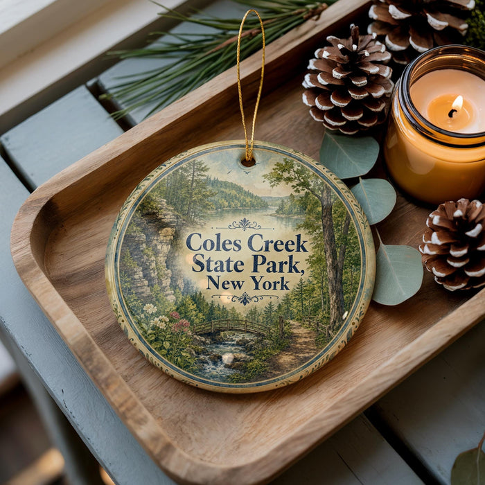 A decorative ornament featuring a scenic image of Coles Creek State Park in New York, with pine cones and a lit candle on a wooden tray.