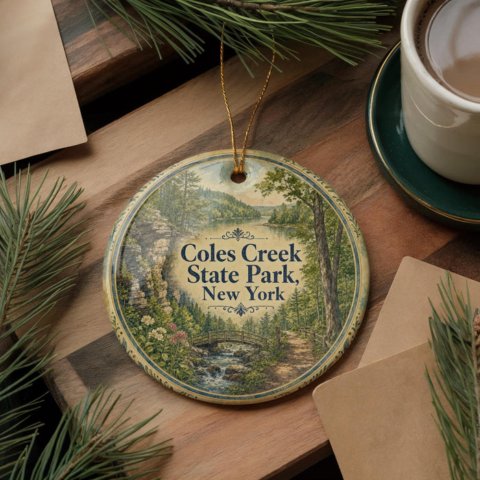 A decorative ornament featuring a scenic image of Coles Creek State Park in New York, surrounded by pine branches and a cup of coffee on a wooden surface.