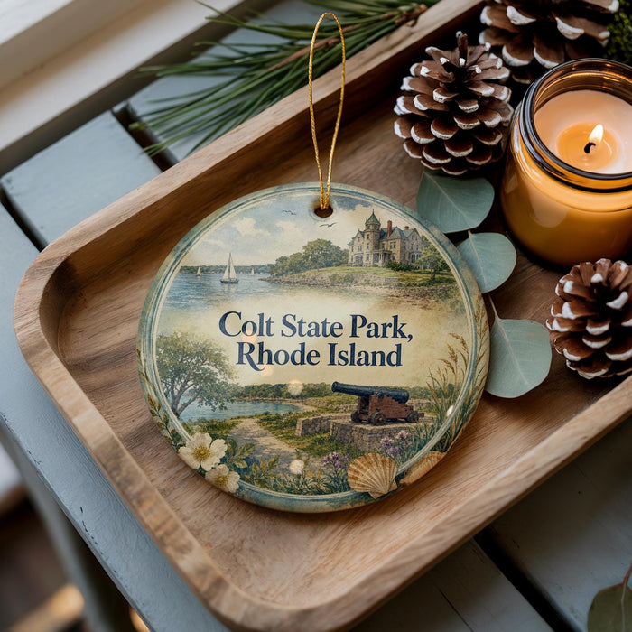 A decorative ornament featuring a scenic image of Colt State Park, Rhode Island, with a candle and pine cones on a wooden tray.
