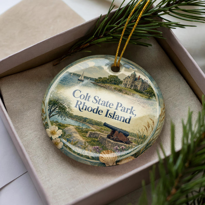 A decorative ornament in a box, featuring a scenic image of the Colts State Park in Rhode Island.