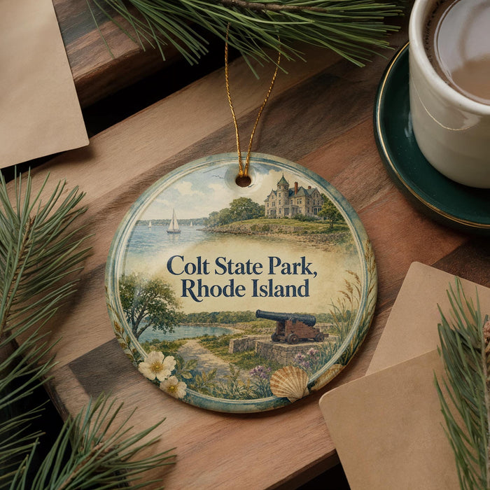 A decorative ornament featuring a scenic image of Colt State Park in Rhode Island, with a castle and sailboats in the background.