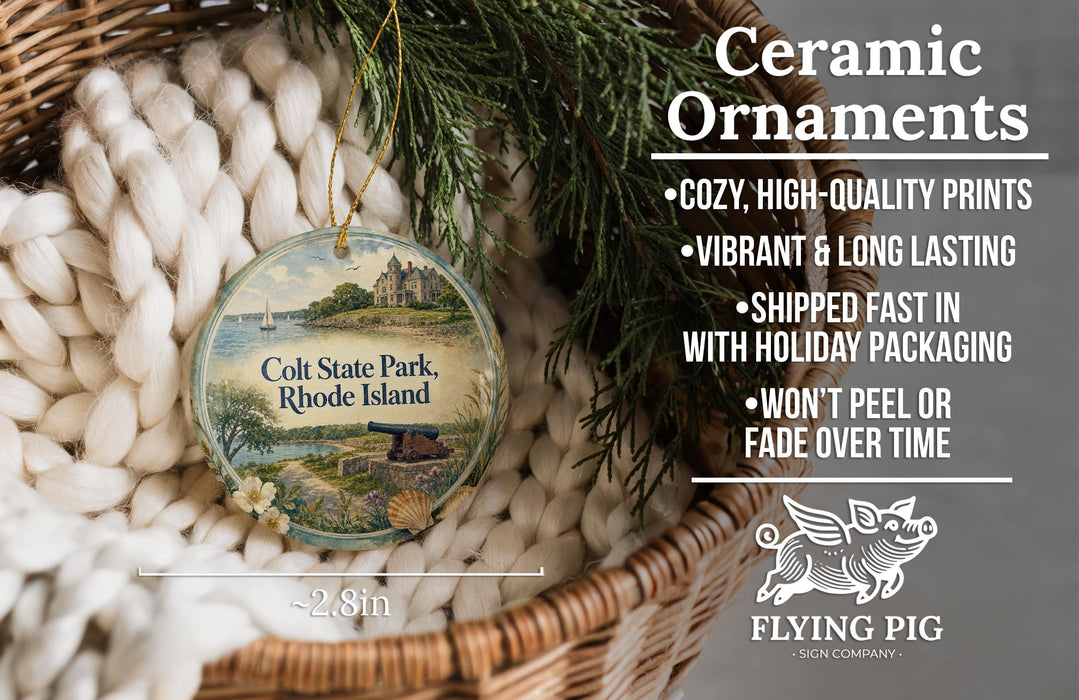 Ceramic ornaments, featuring a decorative piece with a scenic image of Colt State Park, Rhode Island, hanging from a wicker basket.