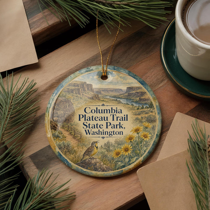 A decorative ornament featuring a scenic image of Columbia Plateau Trail State Park, Washington, with a bird perched on a rock in the foreground.