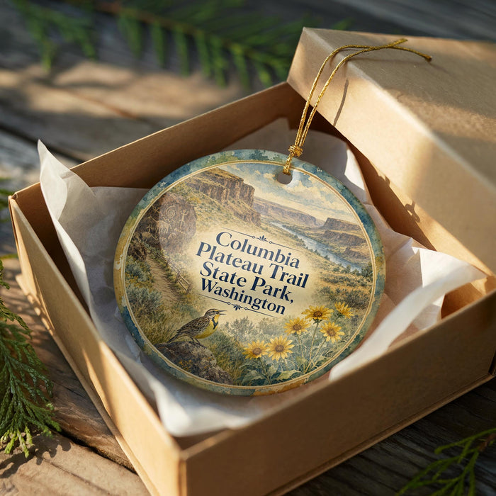 A decorative ornament in a wooden box, featuring a scenic landscape with mountains, flowers, and a bird.