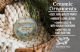 Ceramic ornaments, specifically those shaped like the Conchas Lake State Park in New Mexico, are displayed in a basket. The ornaments are described as cozy, high-quality prints, vibrant, and long-lasting, and are shipped fast in holiday packaging. They are not to be peeled or faded over time.
