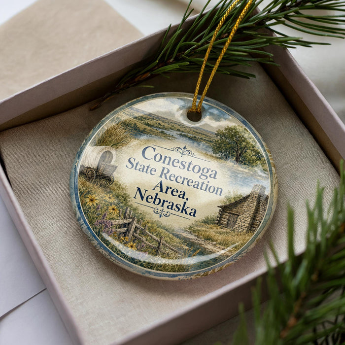 A decorative ornament in a box, featuring a scenic landscape with a cabin, trees, and a river.