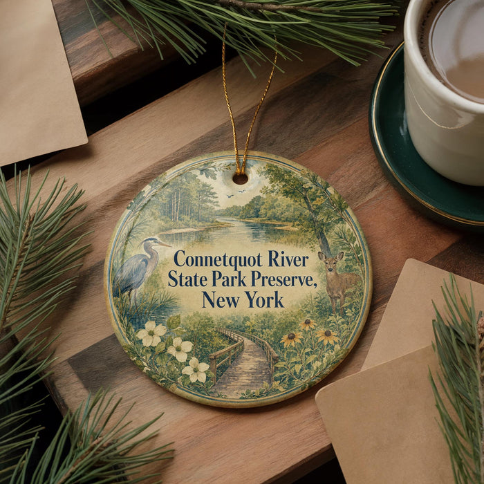 A decorative ornament with a scenic image of the Connecticut River and the State Park Preserve in New York, featuring a bird and a deer, is displayed on a wooden surface alongside a cup of coffee and some pine branches.