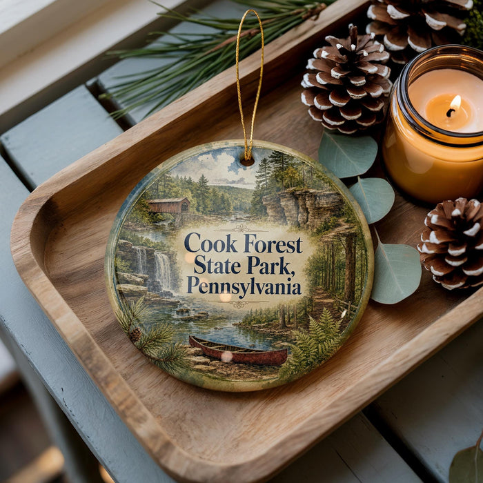 A decorative ornament featuring a scenic image of Cook Forest State Park, Pennsylvania, with a candle and pine cones on a wooden tray.