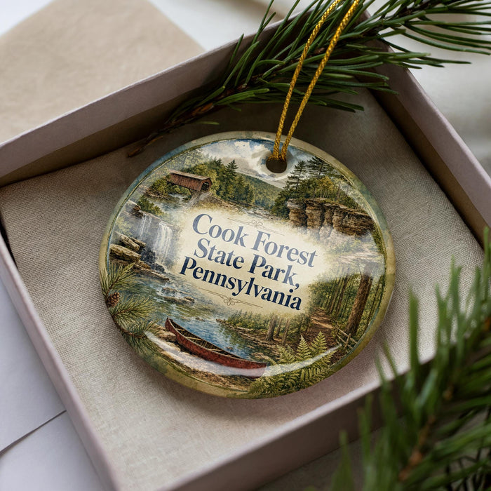 A decorative ornament in a box, featuring a scenic landscape with a river, mountains, and pine trees.
