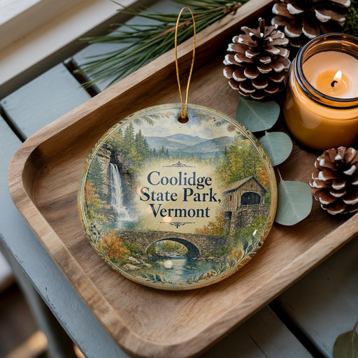 A decorative ornament featuring a scenic image of Coolidge State Park in Vermont, with a candle and pine cones on a wooden tray.