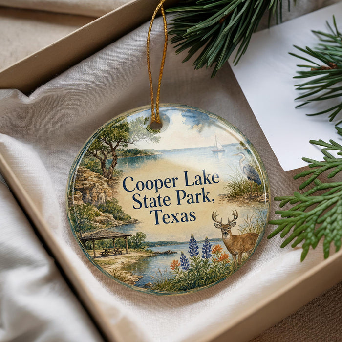 A decorative ornament with a scenic landscape of Cooper Lake State Park, Texas, featuring a deer, pine trees, and a body of water.