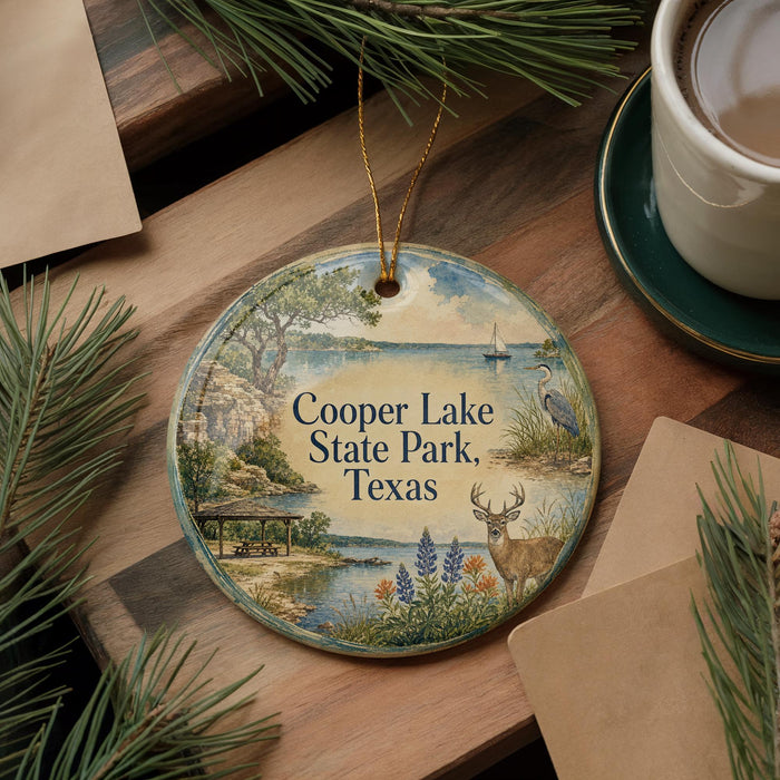 A decorative ornament with a scenic landscape of Cooper Lake State Park, Texas, featuring a deer, a bird, and a boat on the water.