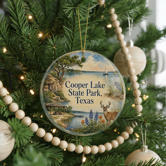 A round ornament on a Christmas tree, featuring a scenic image of Cooper Lake State Park, Texas, with a deer and a bird in the foreground.