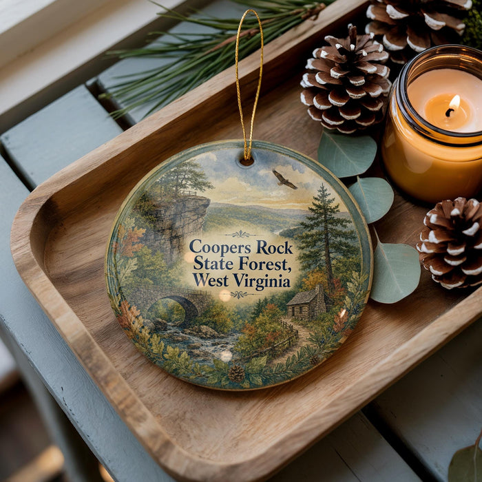 A decorative ornament featuring a scenic landscape of Coopers Rock State Forest, West Virginia, with pine cones, a candle, and greenery surrounding it.