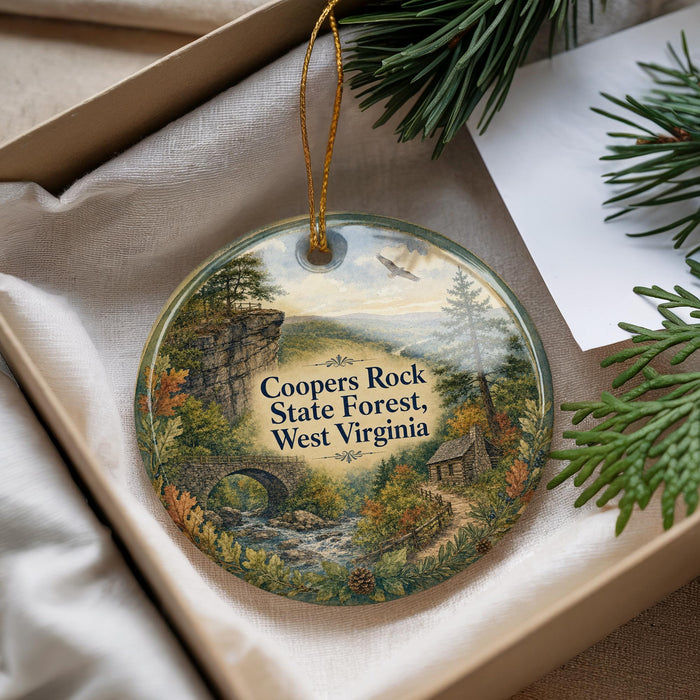 A decorative ornament with a scenic landscape of the Coopers Rock State Forest in West Virginia, featuring a bridge, trees, and a winding path.