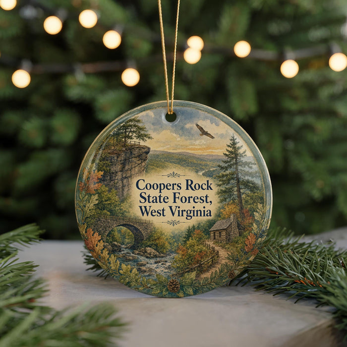 A decorative ornament featuring a scenic landscape with a mountain, river, and cabin, surrounded by pine trees and holiday lights.