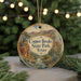 A round ornament with a scenic image of Copper Breaks State Park, Texas, hanging from a string.
