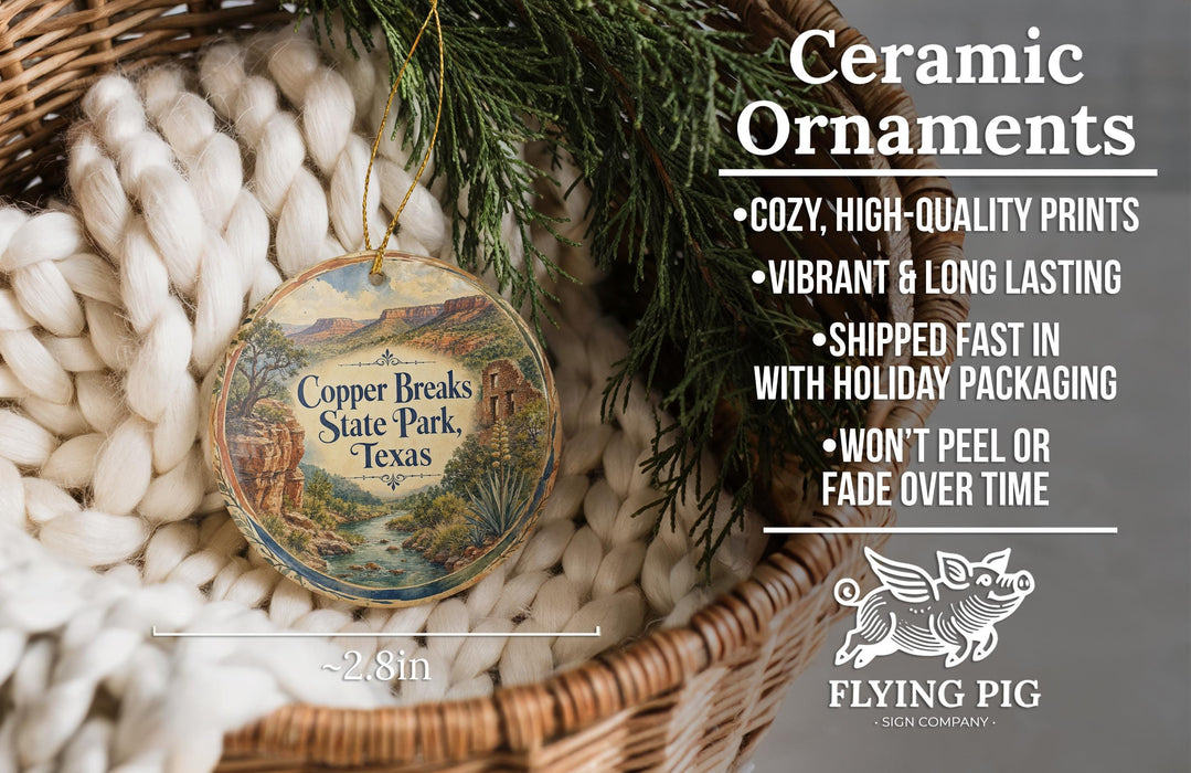 Ceramic ornaments, featuring a decorative piece with a scenic landscape, are displayed in a woven basket.