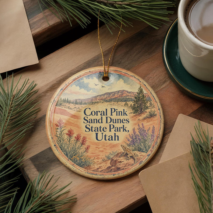 A decorative ornament featuring a scenic landscape with mountains, trees, and a desert setting, hanging on a wooden surface.