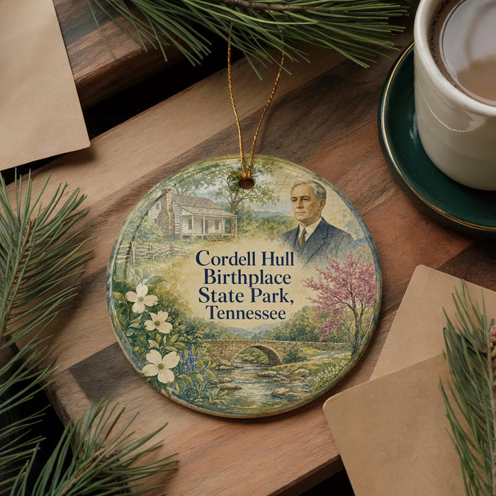A circular ornament featuring a portrait of a man surrounded by a landscape with a house, trees, and a stream.