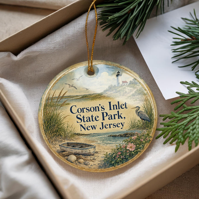 A decorative ornament with a lighthouse and a bird, placed in a box with pine branches.