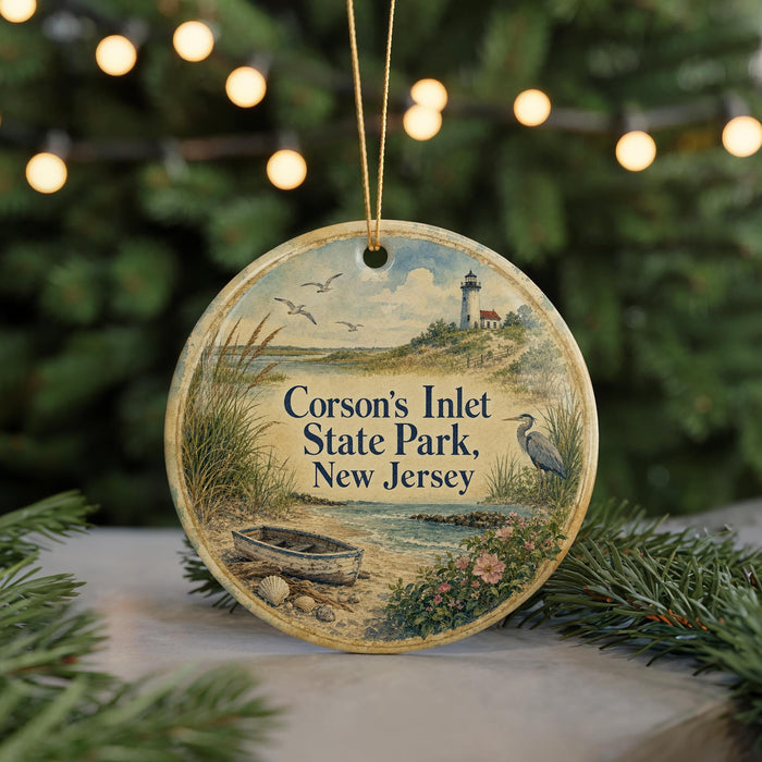 A round ornament with a lighthouse and a bird, hanging on a string, with the text "Corson's Inlet State Park, New Jersey" printed on it.