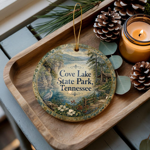 A decorative ornament with a scenic landscape of Cove Lake State Park, Tennessee, featuring pine cones, a candle, and greenery.