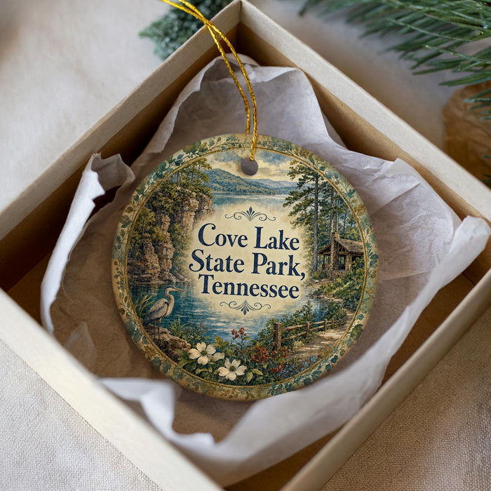 A decorative ornament in a white box, featuring a scenic landscape with a lake, mountains, and a cabin.