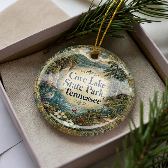 A decorative ornament with a scenic landscape of Cove Lake State Park, Tennessee, displayed in a box with pine branches.