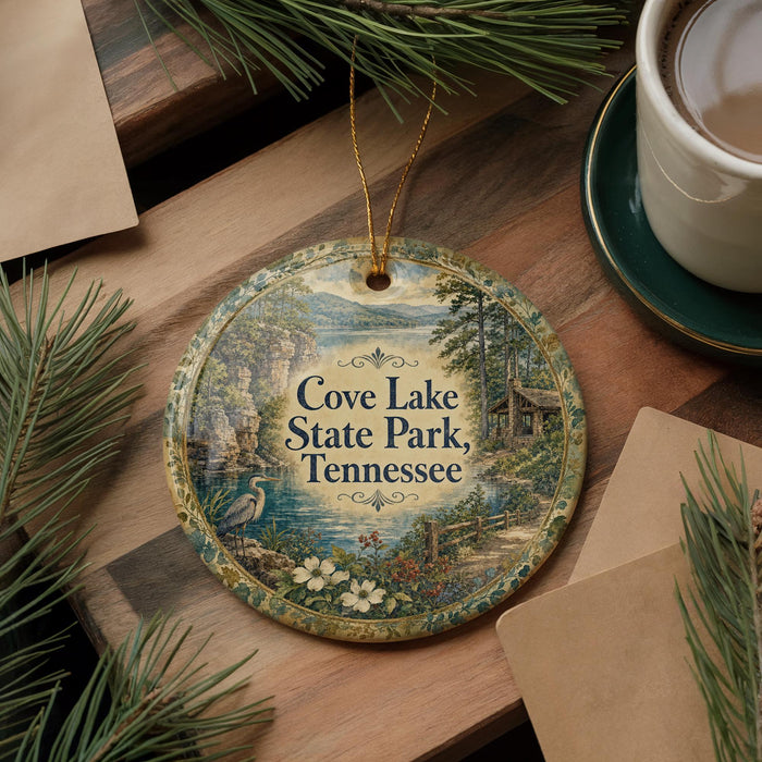 A decorative ornament with a scenic landscape of Cove Lake State Park, Tennessee, featuring a bird, flowers, and a cabin, is displayed on a wooden surface alongside a cup of coffee and some pine branches.