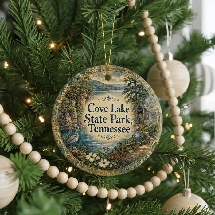 A round ornament hanging on a Christmas tree, featuring a scenic landscape of Cove Lake State Park, Tennessee.