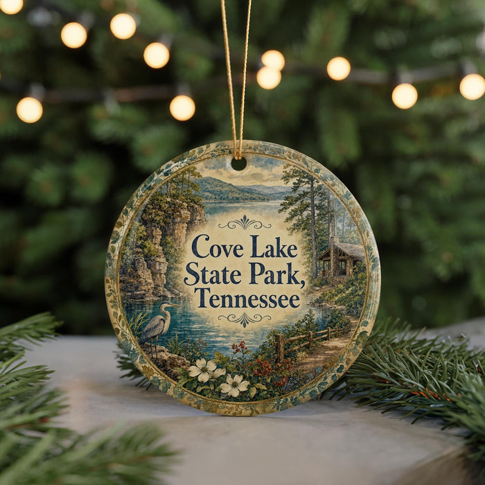 A round ornament with a scenic landscape of Cove Lake State Park, Tennessee, featuring a bird, flowers, and a path.