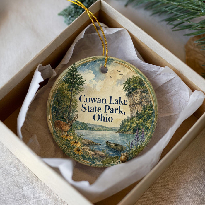 A decorative ornament in a box, featuring a scenic landscape with a lake, trees, and wildlife.