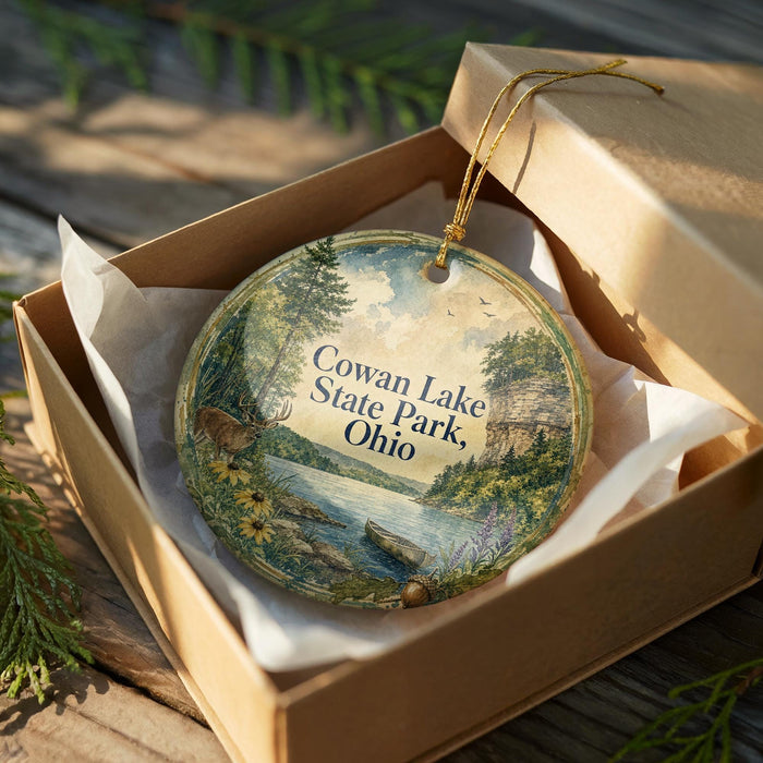 A round ornament in a box, featuring a scenic landscape with a lake, trees, and wildlife, including a deer.