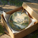 A round ornament in a box, featuring a scenic landscape with a lake, trees, and wildlife, including a deer.