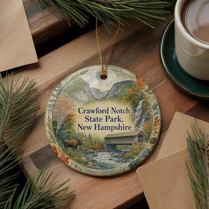 A decorative ornament featuring a scenic image of Crawford Notch State Park in New Hampshire, with a moose and a bridge in the background. The ornament is hanging from a string and is placed on a wooden surface, surrounded by pine branches and a cup of coffee.
